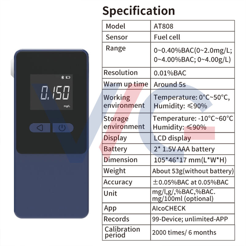 AT808 Portable Alcohol Tester with Advanced Fuel Cell Sensor Bluetooth Connectivity to AlcoCHECK App Large LCD Display